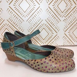 Spring Step L'Artiste Shoes Women 9.5 Green Mary Jane Wedge Artisan Artsy Earthy